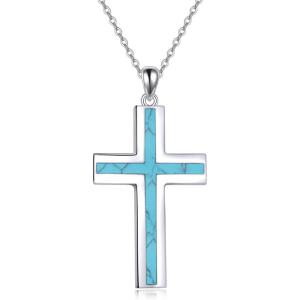 YFN Cross Necklace Sterling Silver Religious Cross Pendant Jewelry Christian Gifts for Women Men(B. Turquoise Piece)