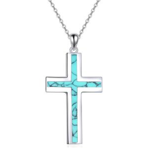 YFN Cross Necklace Sterling Silver Religious Cross Pendant Jewelry Christian Gifts for Women Men(B. Turquoise Piece B)