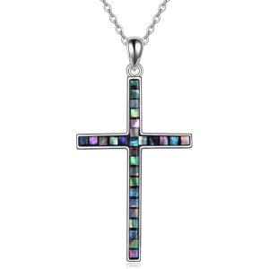 YFN Cross Necklace Sterling Silver Religious Cross Pendant Jewelry Christian Gifts for Women Men(C. Abalone Shell)