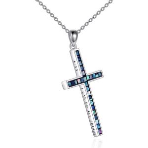 YFN Cross Necklace Sterling Silver Religious Cross Pendant Jewelry Christian Gifts for Women Men(C. Abalone Shell Engraved)