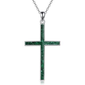 YFN Cross Necklace Sterling Silver Religious Cross Pendant Jewelry Christian Gifts for Women Men(C. Green Malachite)