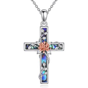 YFN Cross Necklace Sterling Silver Religious Cross Pendant Jewelry Christian Gifts for Women Men(F. Chrysanthemum)