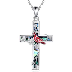 YFN Cross Necklace Sterling Silver Religious Cross Pendant Jewelry Christian Gifts for Women Men(F. Red Cardinal)