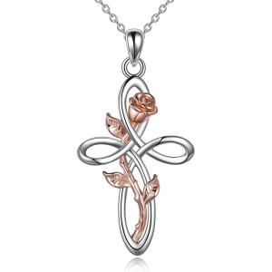 YFN Cross Necklace with Sunflower Rose Flower Sterling Silver Infinity Love Celtic Knot Pendant Necklace for Women(Silver)