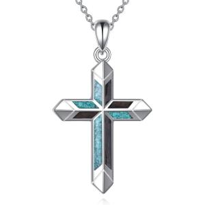 YFN Cross Necklace with Sunflower Rose Flower Sterling Silver Infinity Love Celtic Knot Pendant Necklace for Women(Silver-Wood Turquoise Necklace)