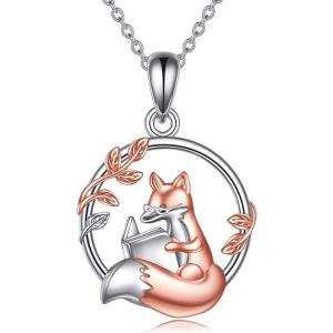 YFN Fox Necklace for Women Sterling Silver Fox Pendant Jewelry Gifts for Women(Fox Reading Book Necklace)