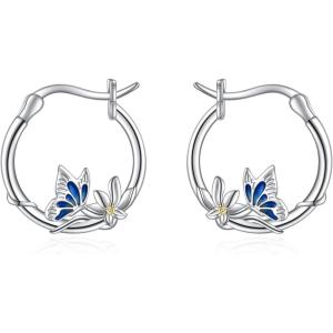 YFN Hoop Earrings with Cat Hummingbird Bird Horse Snake Mountain Dinosaur Earrings Sterling Silver for Sensitive Ears Cute Animal Hoops Gifts for Women(Silver-Butterfly with Daisy Earrings)