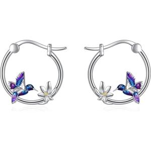 YFN Hoop Earrings with Cat Hummingbird Bird Horse Snake Mountain Dinosaur Earrings Sterling Silver for Sensitive Ears Cute Animal Hoops Gifts for Women(Silver-Hummingbird Hoop Earrings)