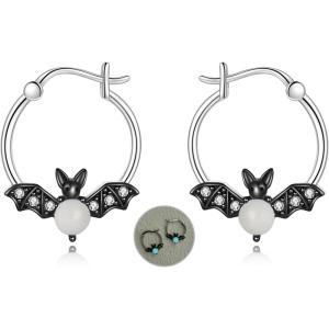 YFN Hoop Earrings with Cat Hummingbird Bird Horse Snake Mountain Dinosaur Earrings Sterling Silver for Sensitive Ears Cute Animal Hoops Gifts for Women(Black-Bat Hoop Earrings)