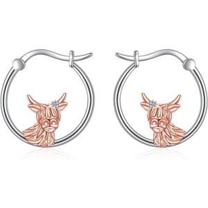 YFN Hoop Earrings with Cat Hummingbird Bird Horse Snake Mountain Dinosaur Earrings Sterling Silver for Sensitive Ears Cute Animal Hoops Gifts for Women(Silver-Highland Cow Earrings)