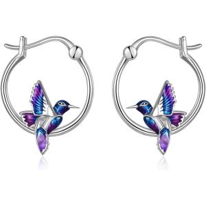 YFN Hoop Earrings with Cat Hummingbird Bird Horse Snake Mountain Dinosaur Earrings Sterling Silver for Sensitive Ears Cute Animal Hoops Gifts for Women(Silver-Hummingbird Earrings)