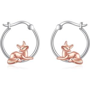 YFN Hoop Earrings with Cat Hummingbird Bird Horse Snake Mountain Dinosaur Earrings Sterling Silver for Sensitive Ears Cute Animal Hoops Gifts for Women(Silver-Fox Earrings Jewelry)