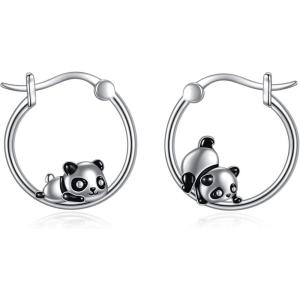 YFN Hoop Earrings with Cat Hummingbird Bird Horse Snake Mountain Dinosaur Earrings Sterling Silver for Sensitive Ears Cute Animal Hoops Gifts for Women(Silver-Panda Hoop Earrings)