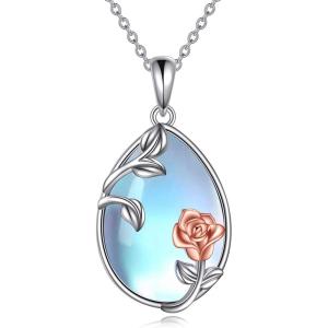 YFN Moonstone Necklace Sterling Silver Rose Flower Moonstone Leaves Pendant Necklace Jewelry Gifts for Women(Silver-Moonstone Necklace with Rose Flower)