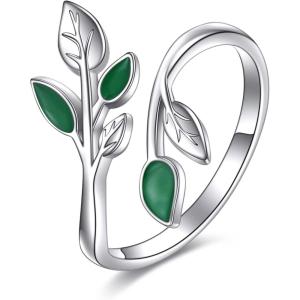 YFN Open Leaf Leaves Enamel Rings Sterling Silver Adjustable Branch Ring Jewelry Gifts for Women Mother(Silver- Adjustable Leaf Ring)