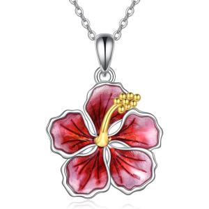YFN Peony/Hibiscus Flower Pendant Necklace Sterling Silver Enamel Flower Jewelry Gifts for Women Mother Gifts(Silver-Hibiscus Flower Necklace)