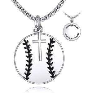 YFN Sport Necklace Sterling Silver Never Give Up I Can Do All Things Pendant Jewelry Sport Gifts for Women Men(Baseball with Cross)