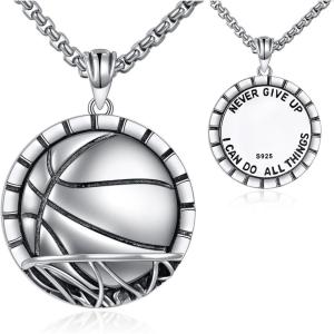 YFN Sport Necklace Sterling Silver Never Give Up I Can Do All Things Pendant Jewelry Sport Gifts for Women Men(Basketball)