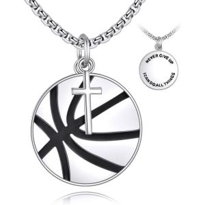 YFN Sport Necklace Sterling Silver Never Give Up I Can Do All Things Pendant Jewelry Sport Gifts for Women Men(Basketball with Cross)