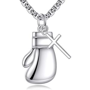 YFN Sport Necklace Sterling Silver Never Give Up I Can Do All Things Pendant Jewelry Sport Gifts for Women Men(Boxing Glove with Cross)
