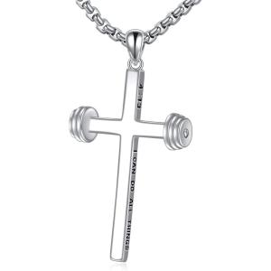 YFN Sport Necklace Sterling Silver Never Give Up I Can Do All Things Pendant Jewelry Sport Gifts for Women Men(Dumbbell Cross)