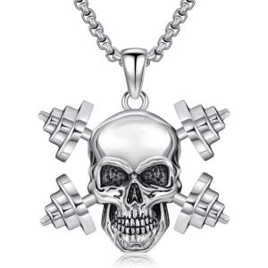 YFN Sport Necklace Sterling Silver Never Give Up I Can Do All Things Pendant Jewelry Sport Gifts for Women Men(Dumbbell Skull)