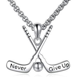 YFN Sport Necklace Sterling Silver Never Give Up I Can Do All Things Pendant Jewelry Sport Gifts for Women Men(Hockey)