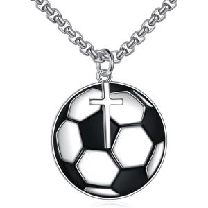 YFN Sport Necklace Sterling Silver Never Give Up I Can Do All Things Pendant Jewelry Sport Gifts for Women Men(Soccer with Cross)