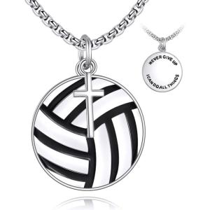 YFN Sport Necklace Sterling Silver Never Give Up I Can Do All Things Pendant Jewelry Sport Gifts for Women Men(Volleyball with Cross)