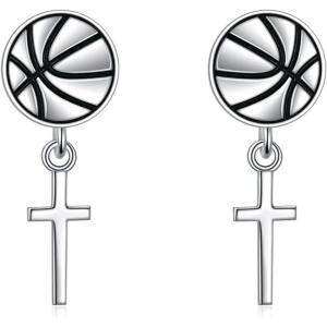 YFN Sport and Music Earrings Sterling Silver Sport Lover Music Lover Jewelry Gifts for Women Men(Basketball Cross)