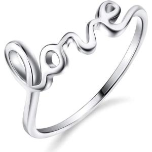 YFN Sterling Silver Simple Love Script Ring Thin Band Promise Ring(Silver)
