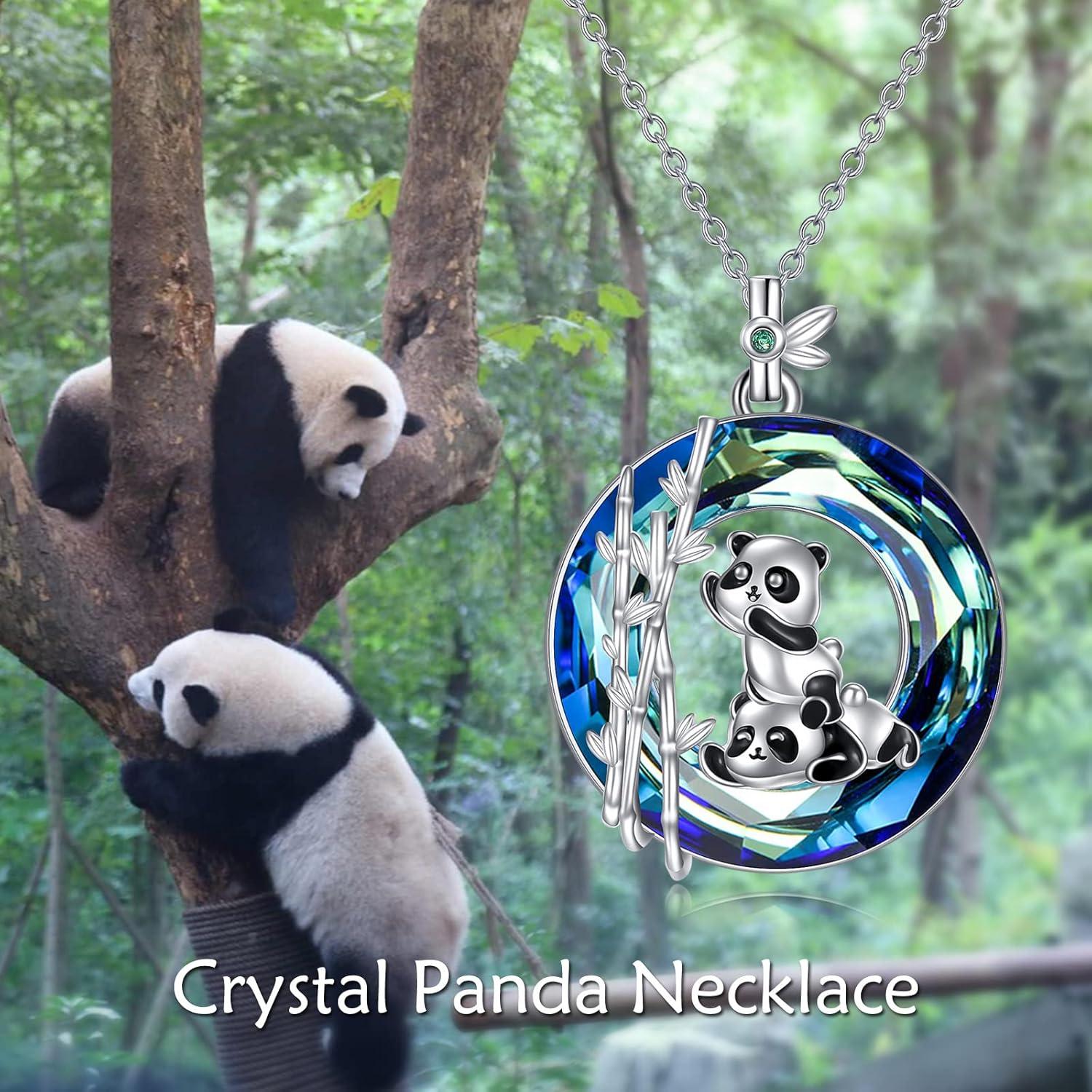 image:imageYFN Panda Sterling Silver Panda Bamboo Pendant Necklace with Blue Crystal