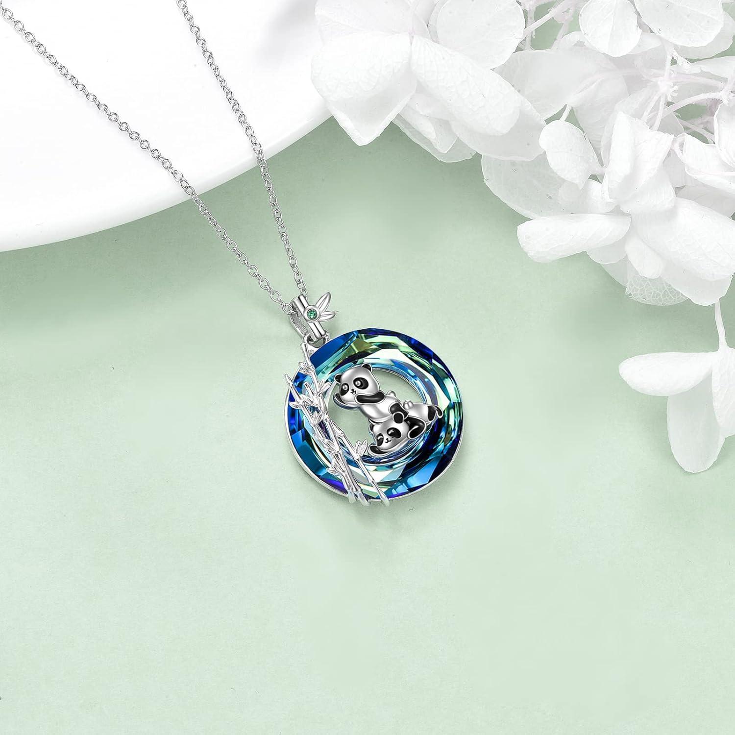 image:imageYFN Panda Sterling Silver Panda Bamboo Pendant Necklace with Blue Crystal