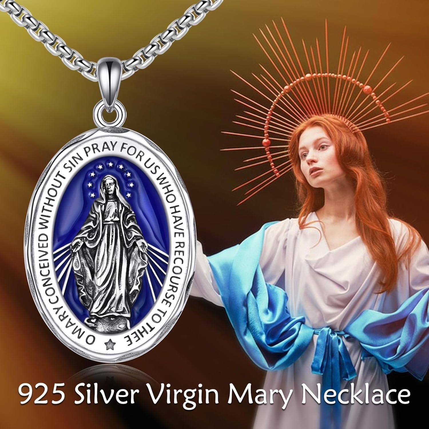 image:imageYFN Patron Saint Necklace Sterling Silver Amulet Medal Pendant Religious Protector Jewelry Gifts for Women Men25 Virgin Mary Blue