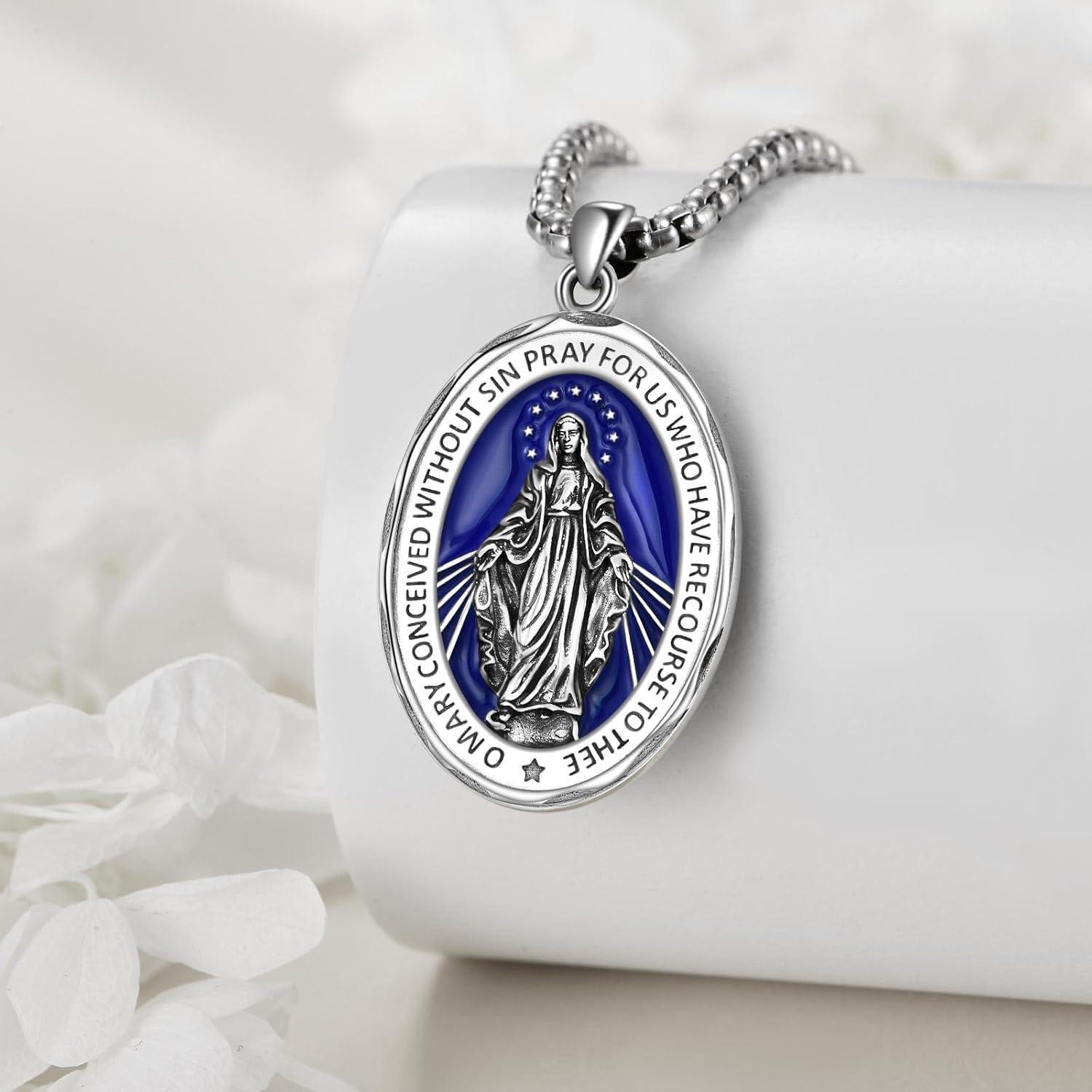 image:imageYFN Patron Saint Necklace Sterling Silver Amulet Medal Pendant Religious Protector Jewelry Gifts for Women Men25 Virgin Mary Blue