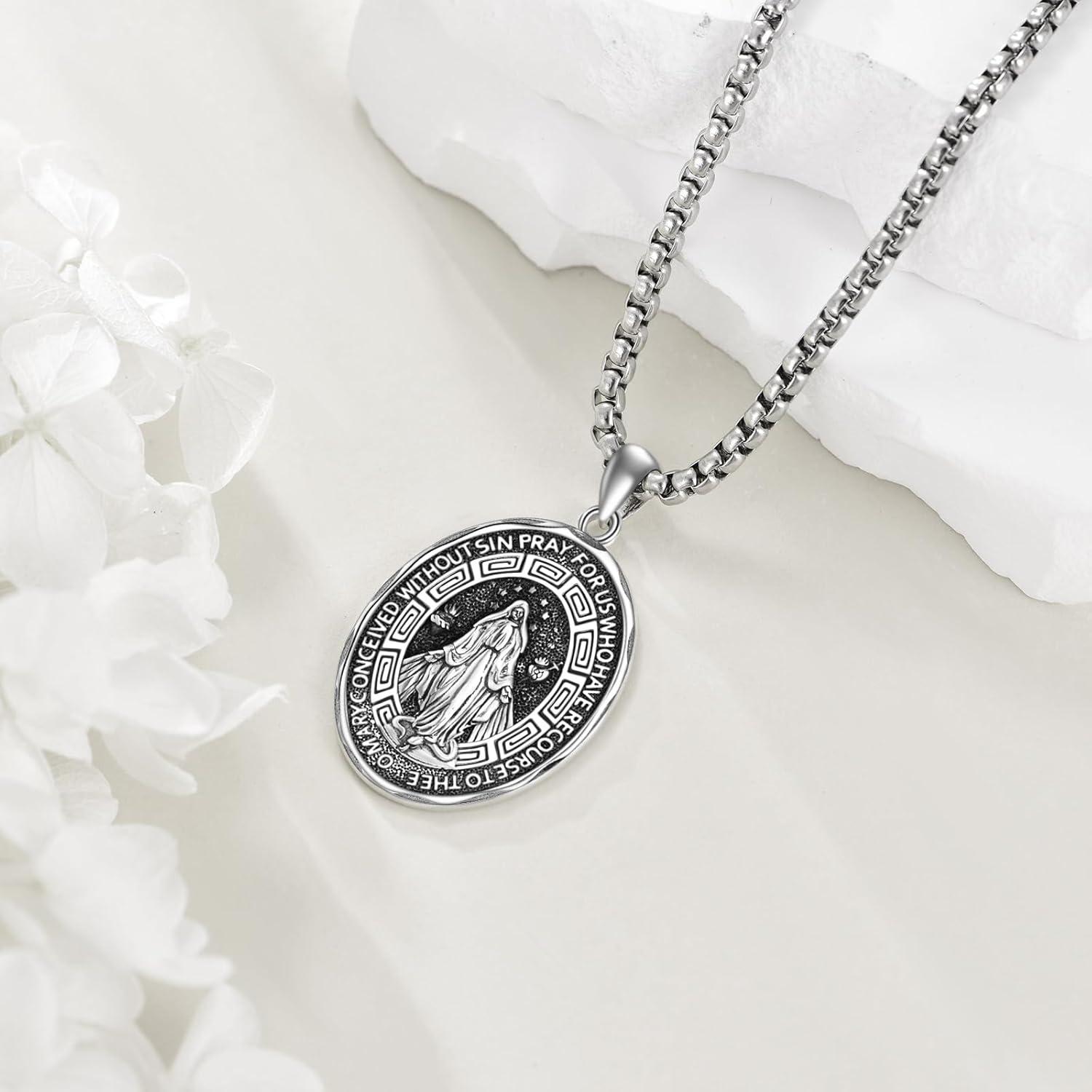 image:imageYFN Patron Saint Necklace Sterling Silver Amulet Medal Pendant Religious Protector Jewelry Gifts for Women Men25 Virgin Mary Oval