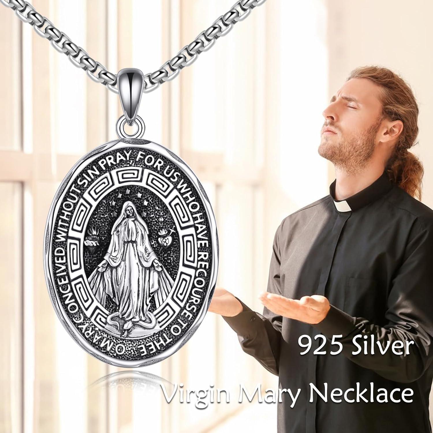 image:imageYFN Patron Saint Necklace Sterling Silver Amulet Medal Pendant Religious Protector Jewelry Gifts for Women Men25 Virgin Mary Oval