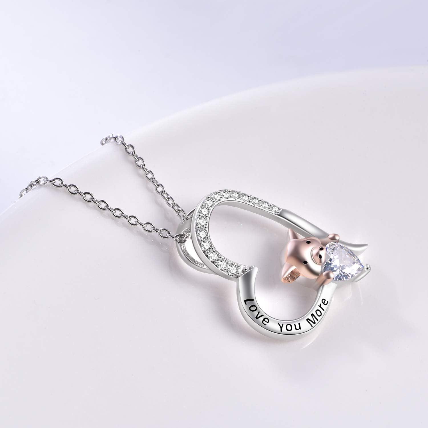 image:imageYFN Pig Necklace Jewelry Gifts 925 Sterling Silver Cute Animal Pendant with Heart Cz Necklace for WomenBirthdaySilverLove You More Pig Necklace