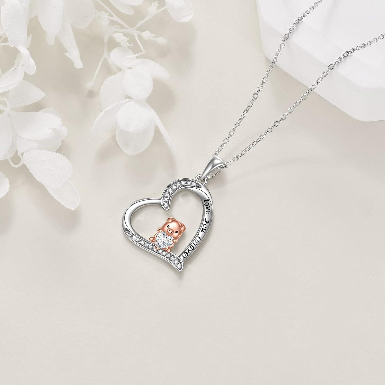 image:imageYFN Pig Necklace Jewelry Gifts 925 Sterling Silver Cute Animal Pendant with Heart Cz Necklace for WomenBirthdaySilverPig Necklace