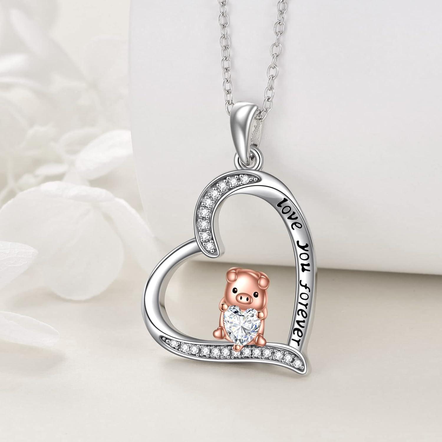 image:imageYFN Pig Necklace Jewelry Gifts 925 Sterling Silver Cute Animal Pendant with Heart Cz Necklace for WomenBirthdaySilverPig Necklace