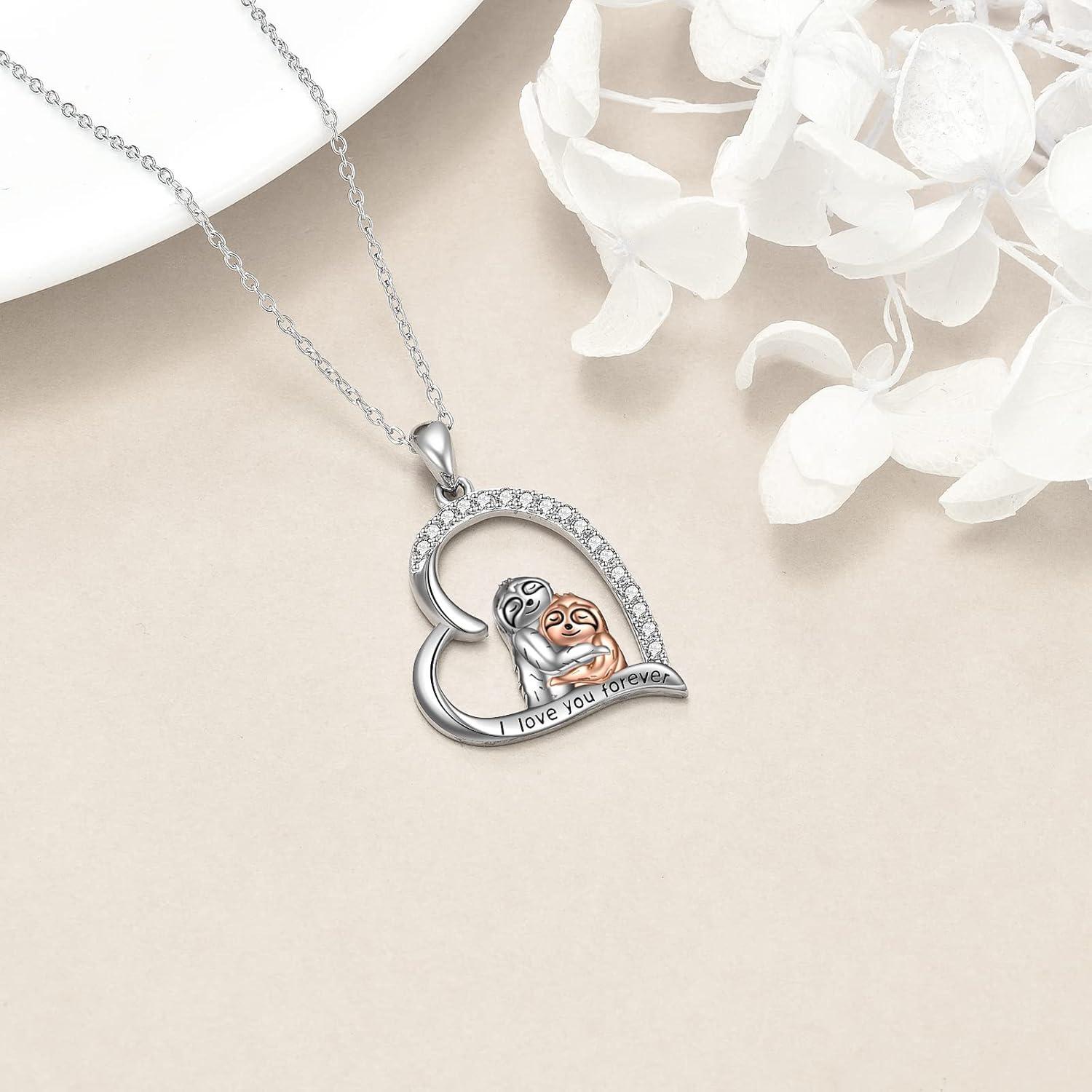 image:imageYFN SlothOwlCowOtterHighland Cow Gifts for Women Sterling Silver Sloth Animal Heart Pendant Necklace JewelrySilverSloth Necklace