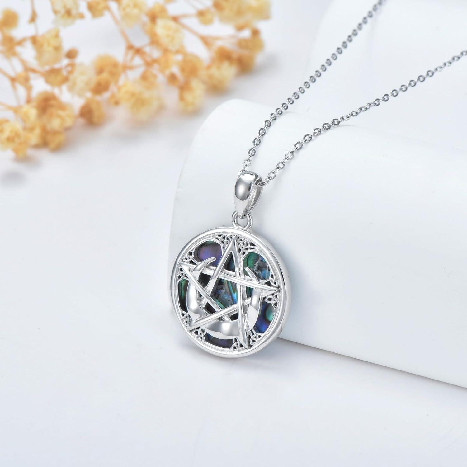 image:imageYFN Triple Moon Goddess Necklace Sterling Silver Pentagram Pentacle Opal Pendant necklace Pagan Wiccan Magic Amulet Tree of Life Jewelry for Women Men 18Viking Pentagram Moon Necklace
