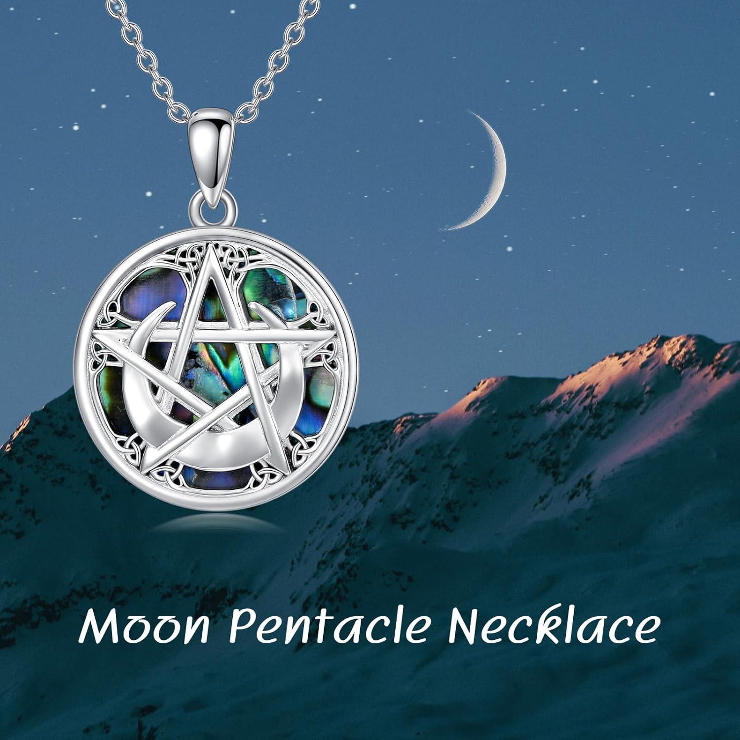 image:imageYFN Triple Moon Goddess Necklace Sterling Silver Pentagram Pentacle Opal Pendant necklace Pagan Wiccan Magic Amulet Tree of Life Jewelry for Women Men 18Viking Pentagram Moon Necklace