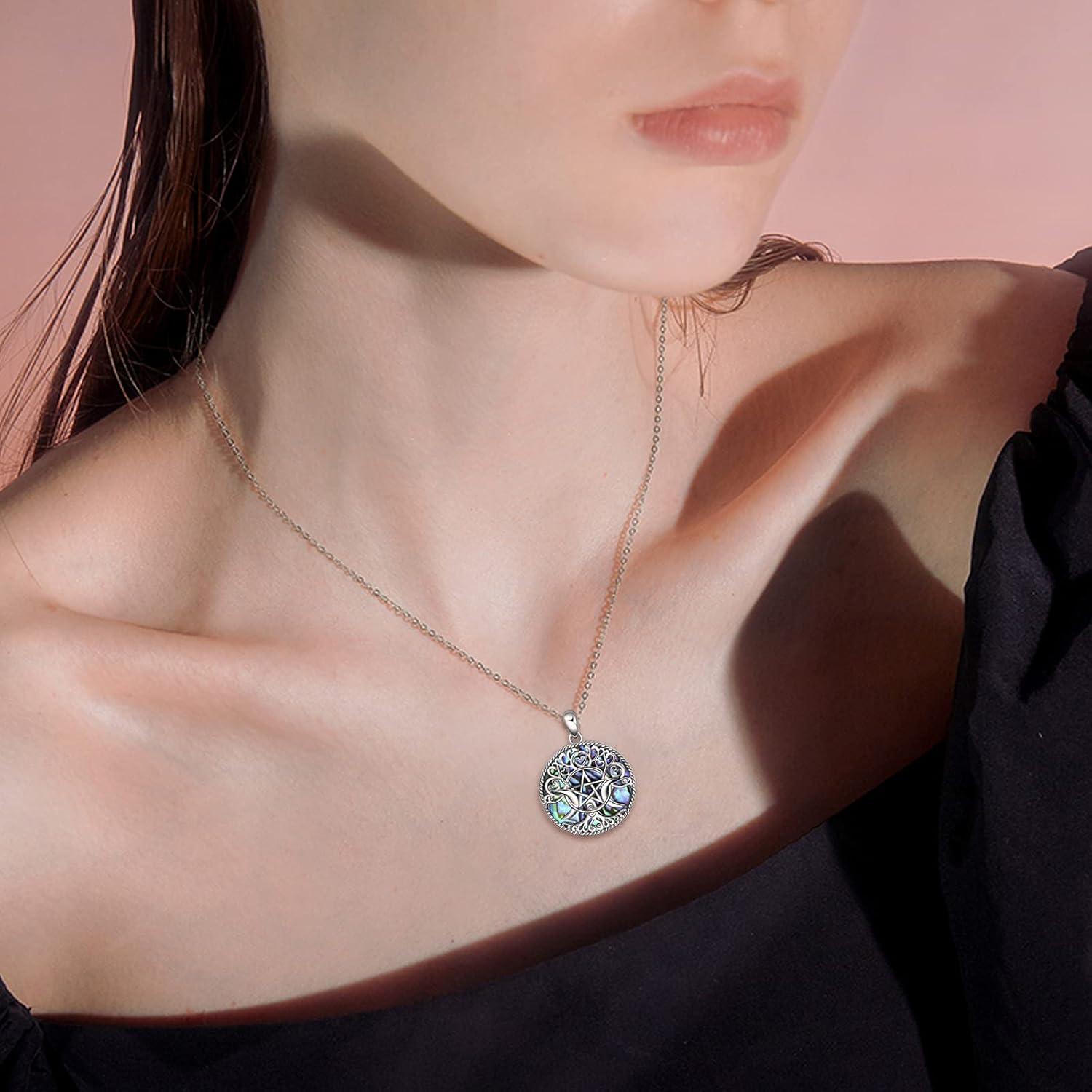 image:imageYFN Triple Moon Goddess Necklace Sterling Silver Pentagram Pentacle Opal Pendant necklace Pagan Wiccan Magic Amulet Tree of Life Jewelry for Women Men 18AAbalone Triple Moon Necklace