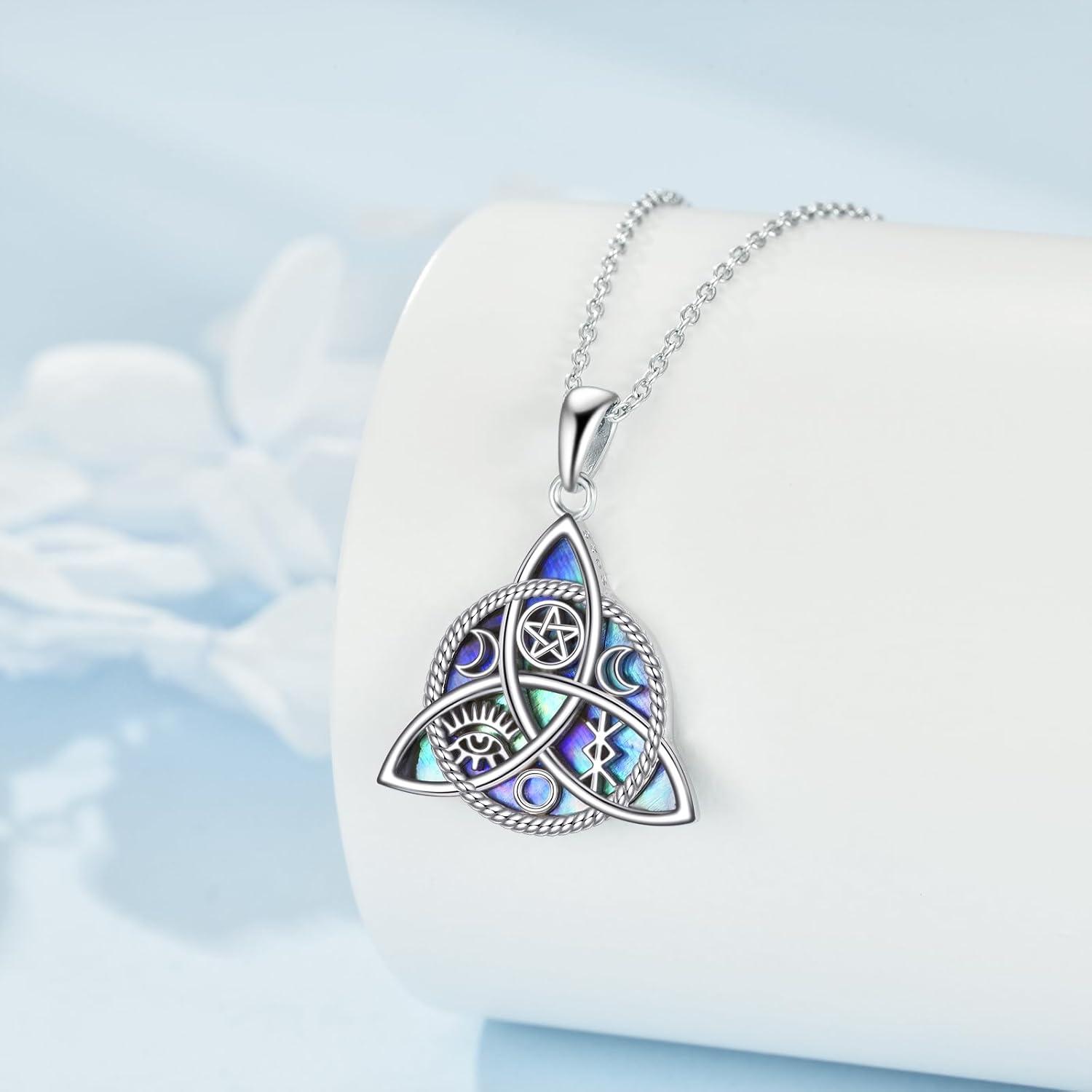 image:imageYFN Triple Moon Goddess Necklace Sterling Silver Pentagram Pentacle Opal Pendant necklace Pagan Wiccan Magic Amulet Tree of Life Jewelry for Women Men 18AbaloneTrinity Knot Necklace