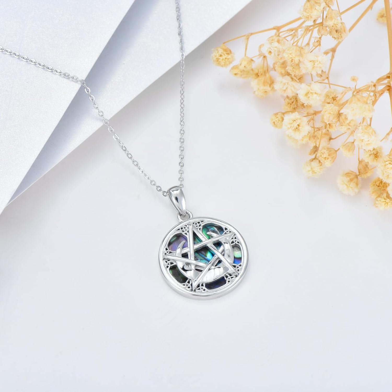 image:imageYFN Triple Moon Goddess Necklace Sterling Silver Pentagram Pentacle Opal Pendant necklace Pagan Wiccan Magic Amulet Tree of Life Jewelry for Women Men 18Viking Pentagram Moon Necklace