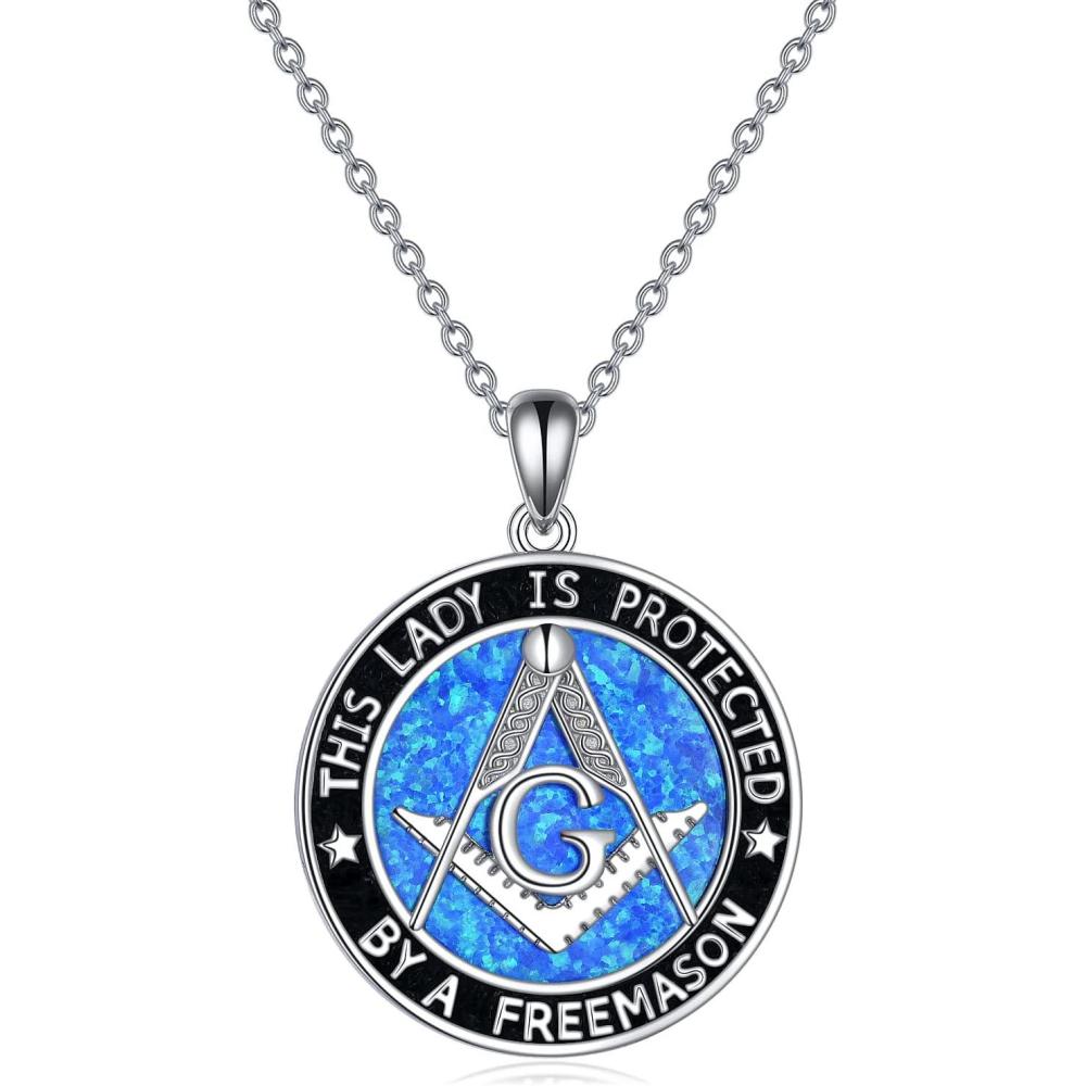 image:imageYFN Masonic Pendant Necklace Sterling Silver for Men Freemason Compass Symbol OpalAbalone Jewelry Gifts for Women Men 182BlueMasonic Opal Necklace