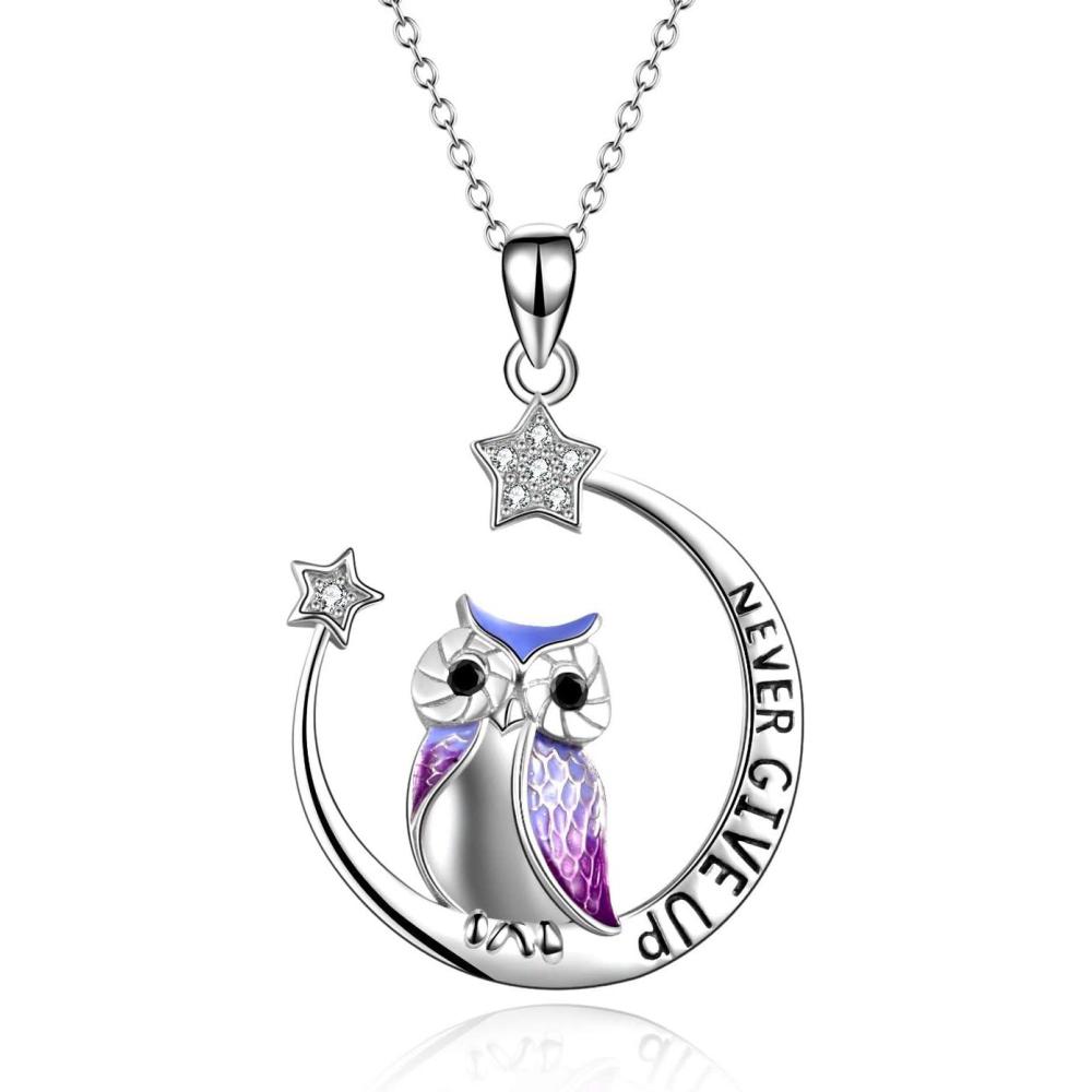 image:imageYFN Owl Necklace Inspirational Jewelry Sterling Silver Never Give Up Owl Gifts Moon Star Necklace for WomenSilver Owl Necklace