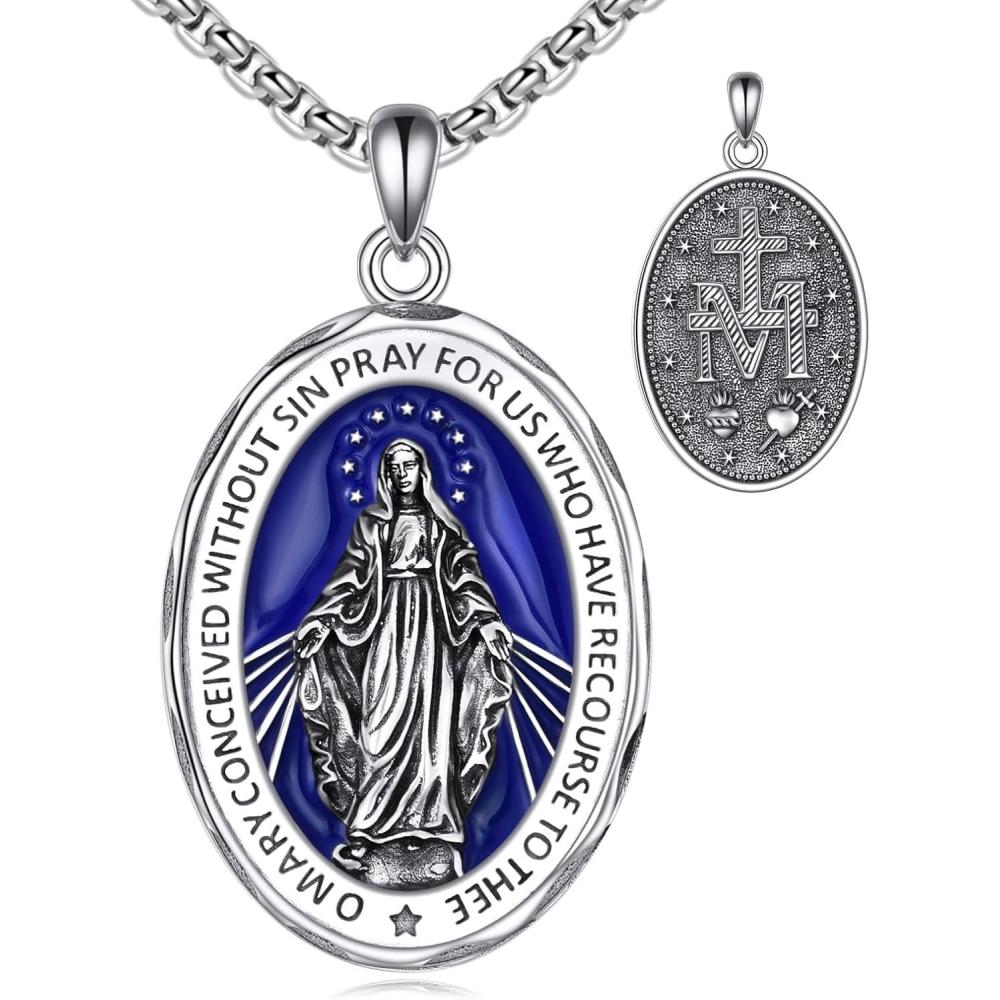 image:imageYFN Patron Saint Necklace Sterling Silver Amulet Medal Pendant Religious Protector Jewelry Gifts for Women Men25 Virgin Mary Blue