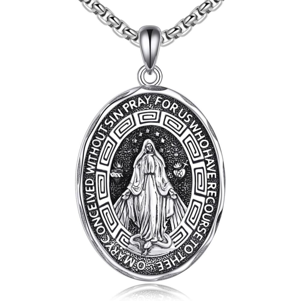 image:imageYFN Patron Saint Necklace Sterling Silver Amulet Medal Pendant Religious Protector Jewelry Gifts for Women Men25 Virgin Mary Oval